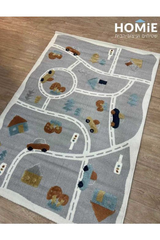 שטיח ילדים דגם כבישים – מסלול מכוניות, אפור ולבן