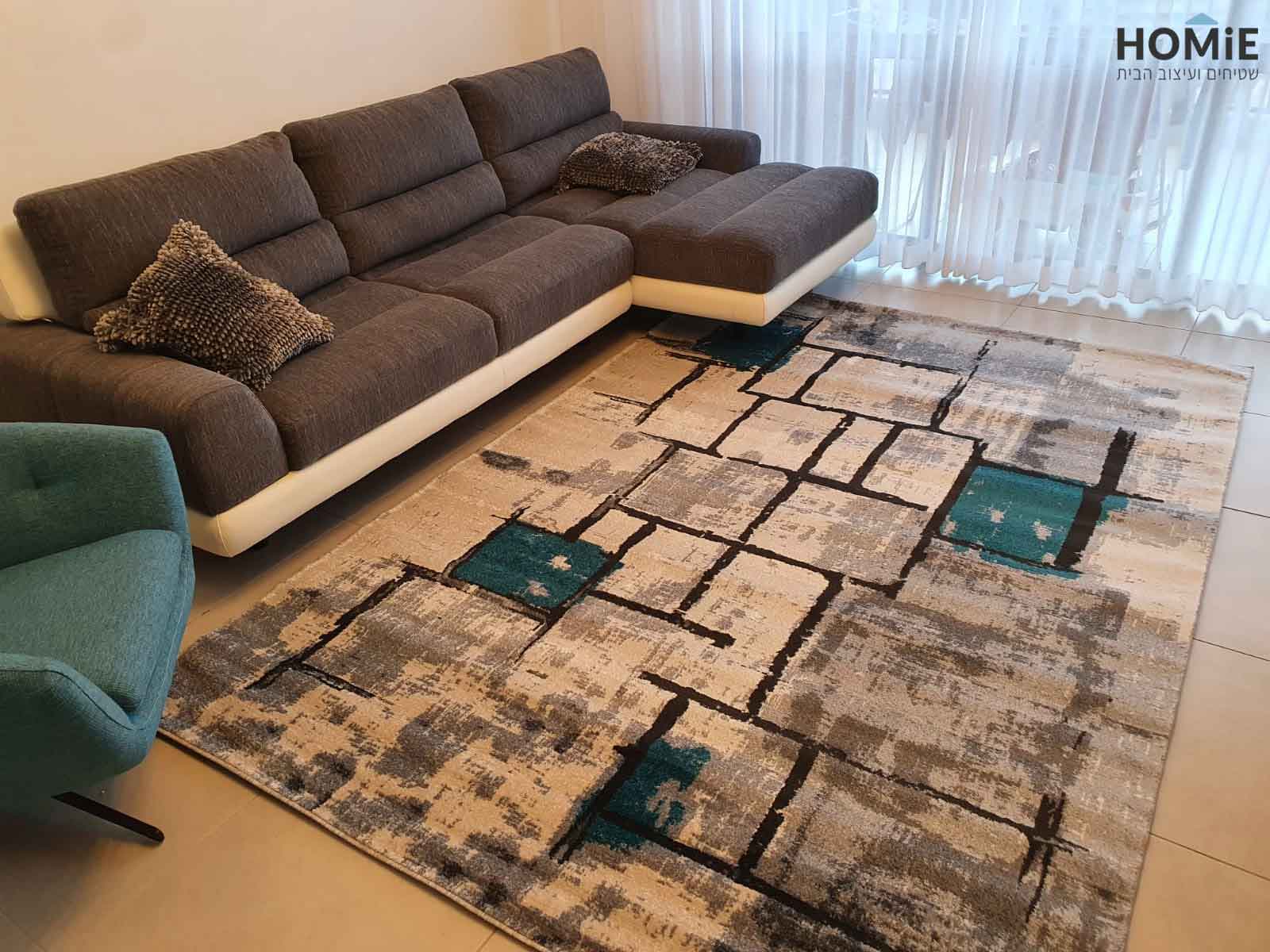 שטיח מודרני לסלון אפור טורקיז גיאומטרי אבסטרקטי